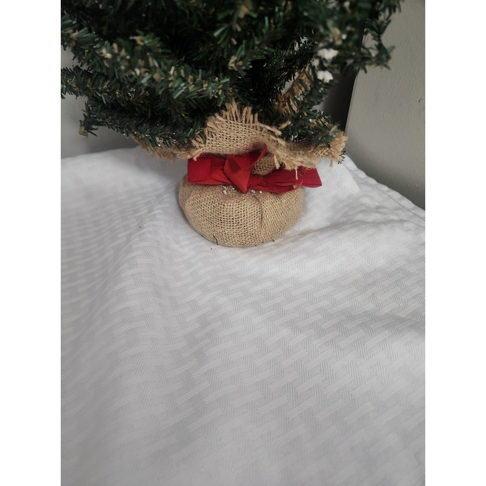 Miniature Tabletop Christmas Tree Burlap Base Flocked Snow Red Ribbon Decor - Picture 3 of 6